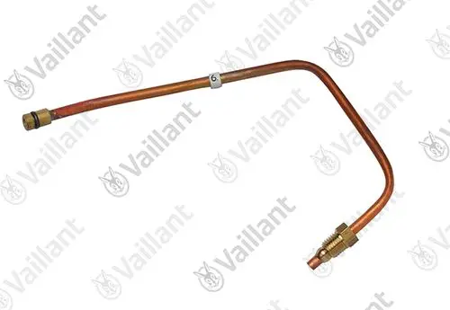 Kupferrohr mit zwei Gewinden, hergestellt von Vaillant, vermutlich für eine Gasarmatur. Das Rohr hat eine gebogene Form und ermöglicht den Anschluss von Komponenten.